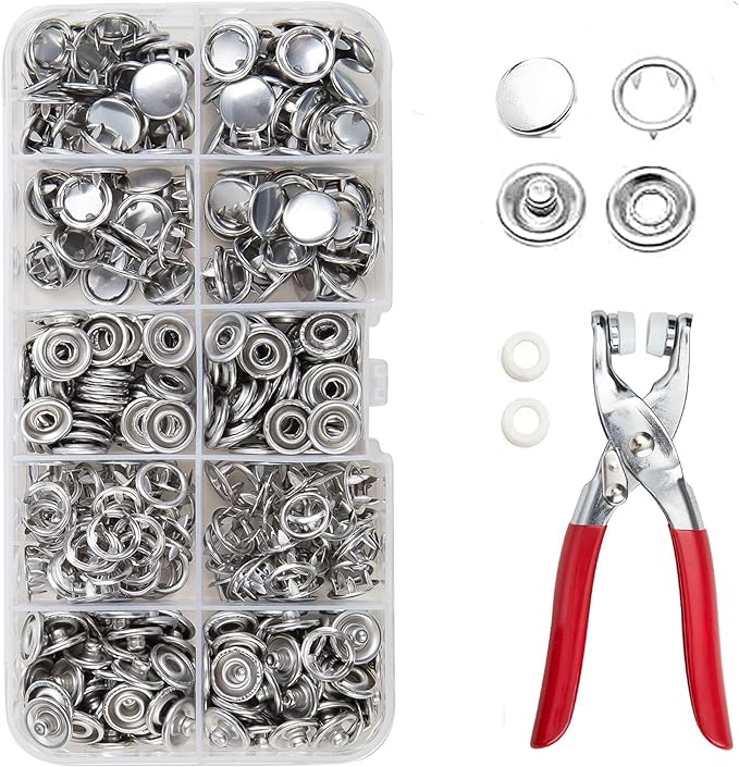 100 Sets Metal Snaps Buttons Kit with Fastener Pliers Press Tool, 9.5mm / 400 PCS Solid Prong Ring Snap Button Fasteners Kit, for DIY Crafts Clothes Hats and Sewing (Solid Silver)