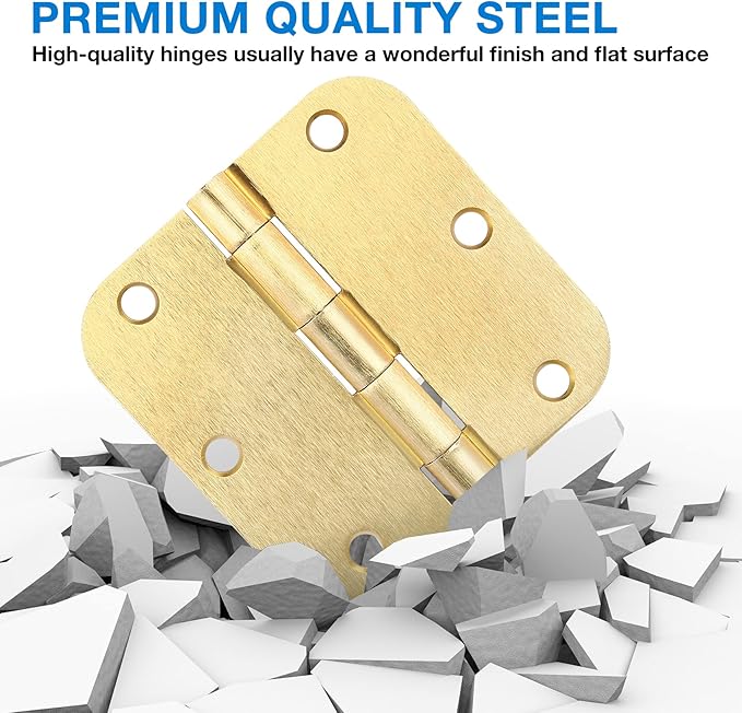 42 Pack Interior Door Hinges Brushed Brass 3.5 inch X 3-1/2" 5/8 Radius,3 ½"Satin Gold Round Standard Hinge for Single Doors DIY Assembly Bifold Table Hardware Kit House Accessories Home Eseentials
