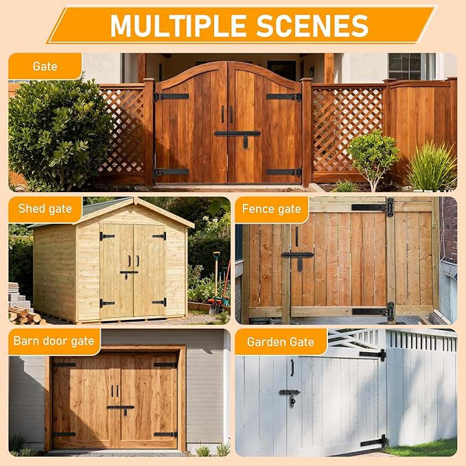 Heavy Duty Gate Hinges, 13" Bolt-On or Weld-On Hinges with Slide Bolt Gate Latch, Cane Bolts, Door Handles, 180° One-Way Open Gate Hinge for Double Wooden Door/Metal Gates,Garden Gates, Fence, Barn