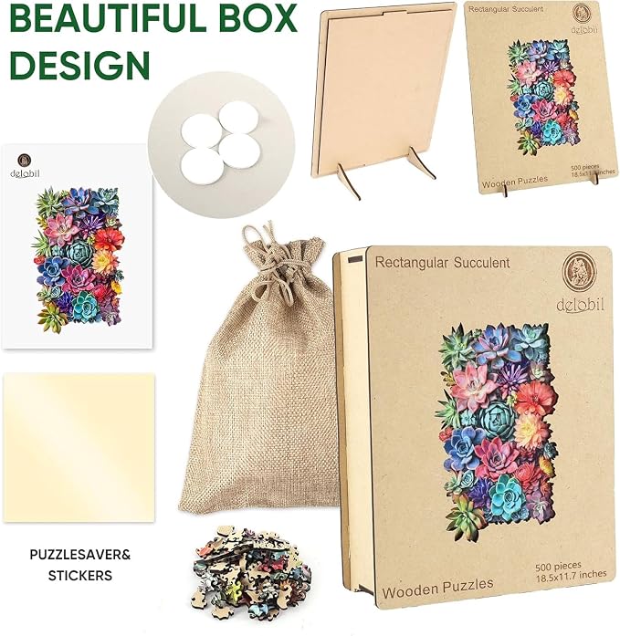 Delobil Rectangular Succulent Wooden Puzzles,500 Pieces Jigsaw Puzzles 18.5'' x11.7'', Unique Design Wooden Puzzles for Adults and Kids, Family Game Gift Royal Size