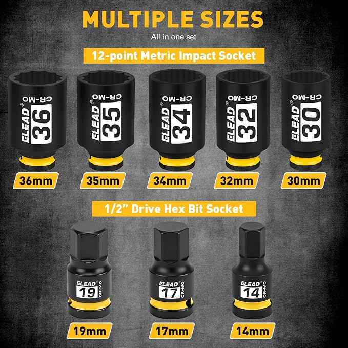 12-Point 1/2" Drive Axle Nut Socket Set, 8-Piece Metric Wheel Axle Nut Wrench Large Jumbo 30mm 32mm 34mm 35mm 36mm, Hex Bit Socket 14mm 17mm 19mm, Car Spindle Joint High Torque Truck Bearing Locknut