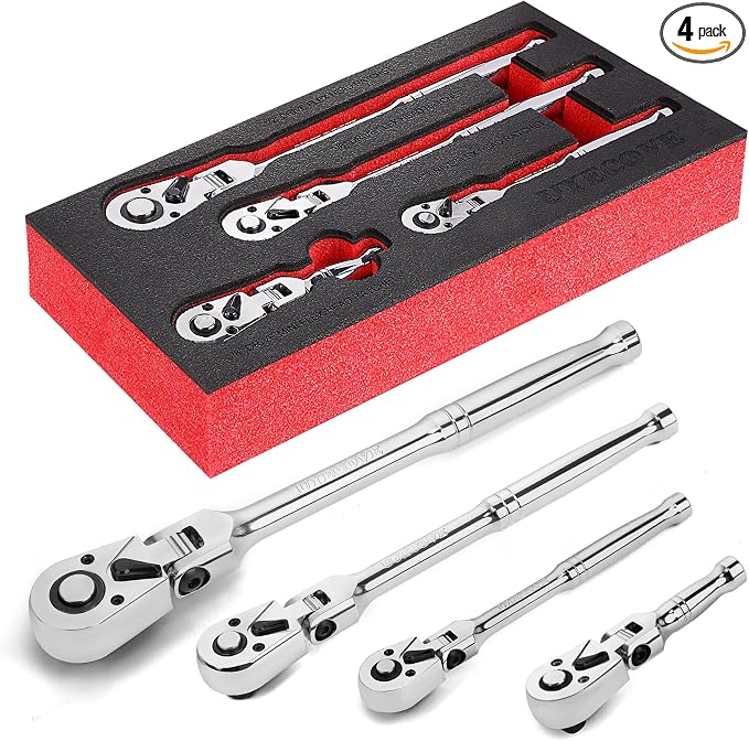 1/2 3/8 1/4 Inch Drive Ratchet Set 4Pcs Flex Head Ratchet Set | 72 Tooth Quick Release Flexible Swivel Head Socket Ratchet Wrench Set