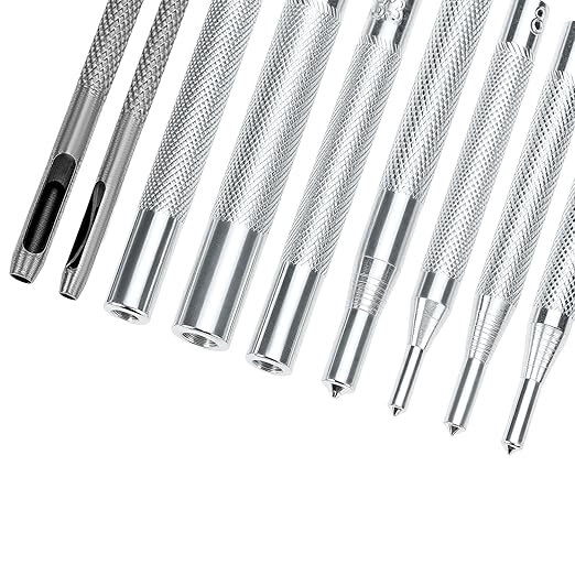 QWORK Punch Tool Punch Snap Kit, Set of 11 Pcs Stainless Steel Rivet Setting Tool, Round Hole Punch Die Tool