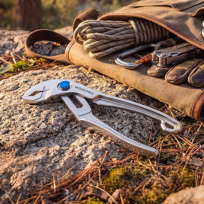 WORKPRO Mini Water Pump Pliers, 4-Inch Groove Joint Pliers, Fast Adjustable Tongue and Groove Pliers with 15-Position Push-Lock, V-Jaw for Multi-Surface Grip, Ideal for Tight Spaces and Versatile Use
