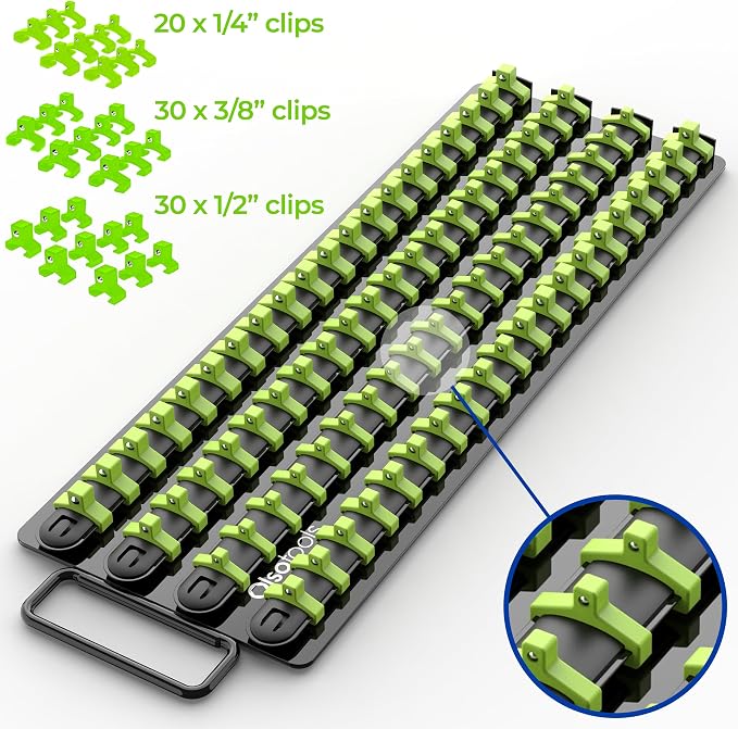 Olsa Tools 80-Slot Portable Socket Organizer Tray With Handle Green/Black | Socket Tray With Clips for 1/4-Inch, 3/8-Inch & 1/2-Inch Drive Sockets - Professional-Grade Tool Organizer - Part: 1024