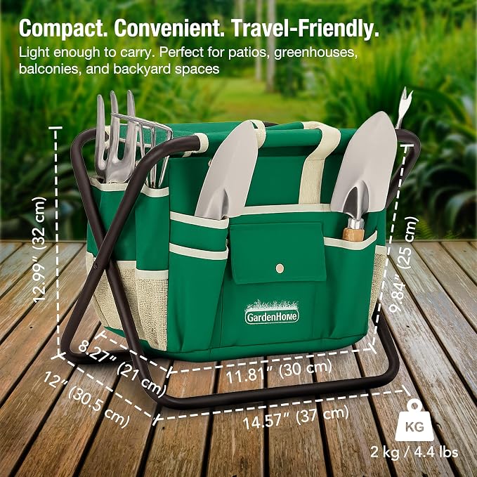 GardenHOME 7-Piece Green Gardening Tool Set – Stainless Steel Tools with Wooden Handles, Folding Stool & Canvas Tote, Durable Garden Kit for Every Gardener