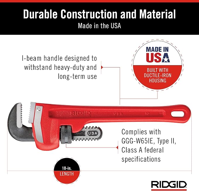 RIDGID 31010 Model 10 Heavy-Duty Straight Pipe Wrench, 10-inch Plumbing Wrench, Red, Black, 250mm (10in)