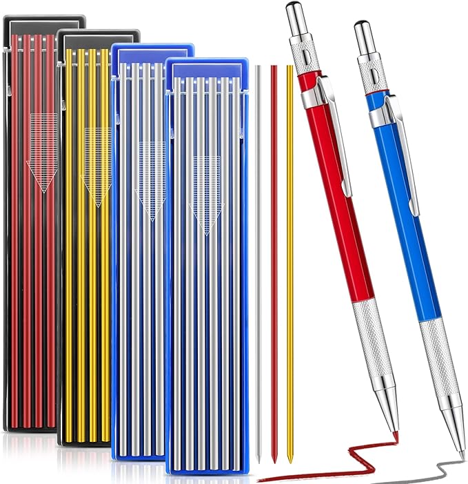Gersoniel 2 Pcs Welders Pencil with 48 PCS Round Refills Mechanical Pencils Metal Welding Marker for Tube Pipe Fitter Welder Steel Construction Woodworking (Red, Silver, Yellow)