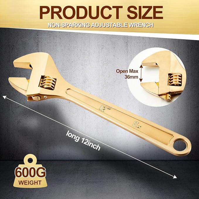 Hicarer 12 Inch Non-Sparking Adjustable Wrench, Aluminum Bronze Tool | Non-Magnetic, Oil & Gas Industry, Chemical Facilities, Hazardous Environments, Industrial Safety Applications