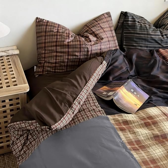 Sedefen Brown Gingham Duvet Cover 3 Pcs Queen Size Dark Brown Plaid Bedding Set Kids Boys Girls Coffee Vintage Checked Soft Microfiber Breathable Duvet Cover Set with 2 Pillowcases
