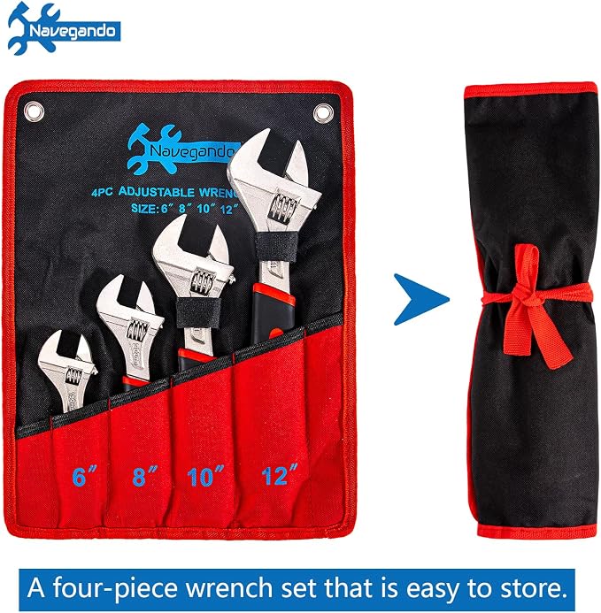 Navegando 4-Piece Adjustable Wrench Set, 6/8/10/12 Inch, Heat Treated Carbon Steel with Non-Slip Rubber Grip，Corrosion Resistant Finish for Automotive, Plumbing & DIY Repairs