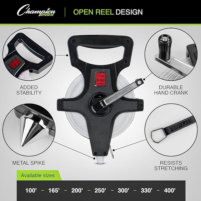 Champion Sports Open Reel Measuring Tapes – Durable Hand Crank with Metal Spike, Dual-Sided Feet & Meters, Perfect for Track & Field and Long Jump, 330 Feet/100 Meters