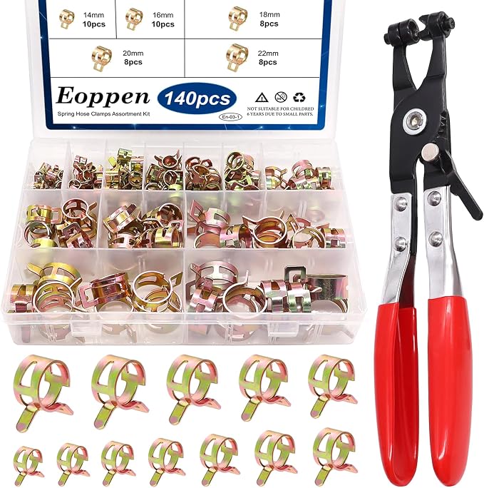 140Pcs 6-22mm Spring Band Hose Clamps Assortment Kit with Swivel Flat Band Fuel Hose Clamp Plier - 12 Sizes Fuel Line Silicone Vacuum Hose Low Pressure Air Clamps