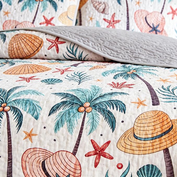 Coastal Tropical Quilt Set Queen 3 Pcs Beach Palm Tree Seashell Bedspread Comforter Soft Lightweight Microfiber Bedding Set with 2 Pillow Shams for All Season (New-Coconut Tree, Queen)