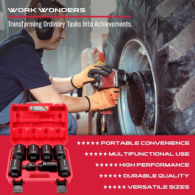 SAE Deep Impact Socket Set 8-Piece 1/2-inch Drive Wheel Axle Nut Wrench Large Sockets Standard Adapter 1-11/16 1-9/16 1-3/8 1-7/16 1-1/2 1-5/8 1-3/4 Imperial Spindle Joint Torque Bearing Locknut Truck