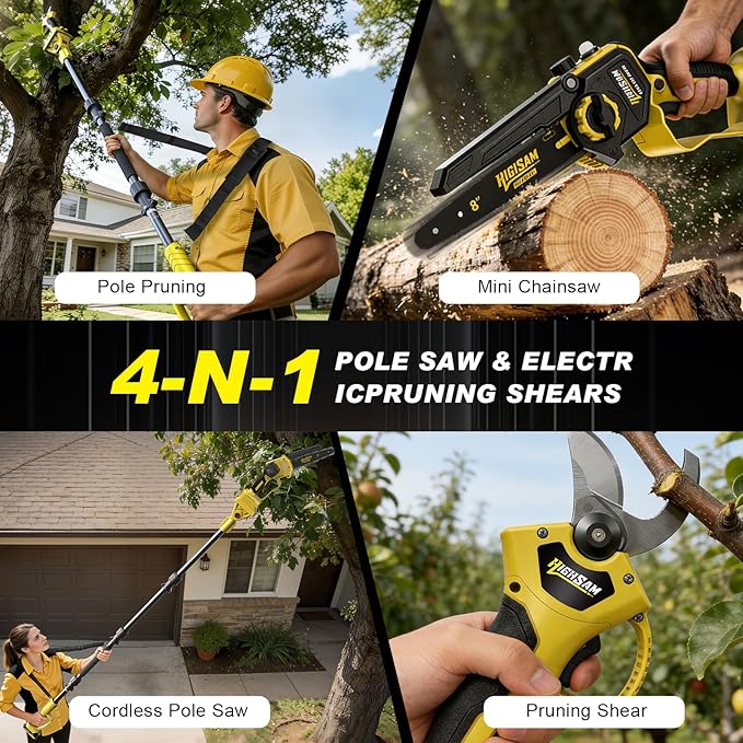 4-in-1 Cordless Pole saw Pruning Set,Electric Pruning Shears & 8 Inch pole saws for tree trimming with 13.8ft Max Extension Pole,Brushless Motor,Two 4.0Ah Batteries, Electric Pole Saw Tree Trimming