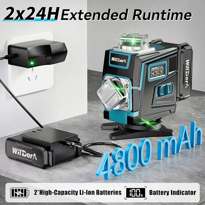 Laser Level with Tripod, 4x360° Self Leveling ±4° Laser Level, Remote Control 4D Green 16 Line Laser Leveler Tool for Woodworking&Renovation, with 2x4800mAh Li-ion Batteries&Hard Carry Case