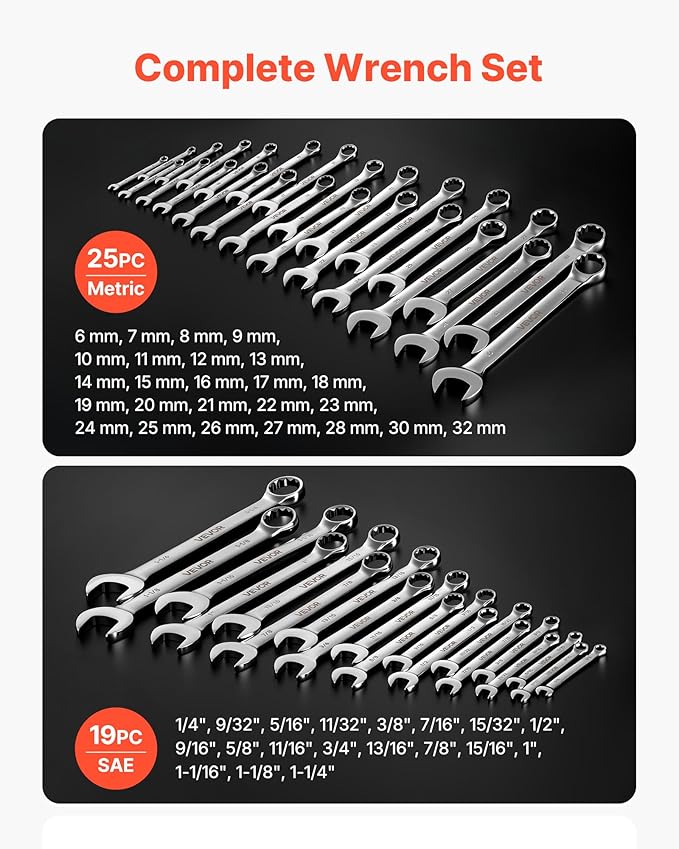 VEVOR Combination Wrench Set, 44-Piece SAE and Metric | 12-Point Box End and 15° Angled Open End, with Roll Up Pouch, General Household and Automotive Repairs