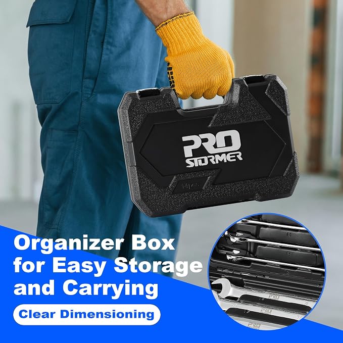 Prostormer 14-Piece Metric Flex-Head Ratcheting Wrench Set | 6-19mm Ratchet Combination Wrenches Kit, 72-Tooth, Cr-V Steel, Organizer Tool Box