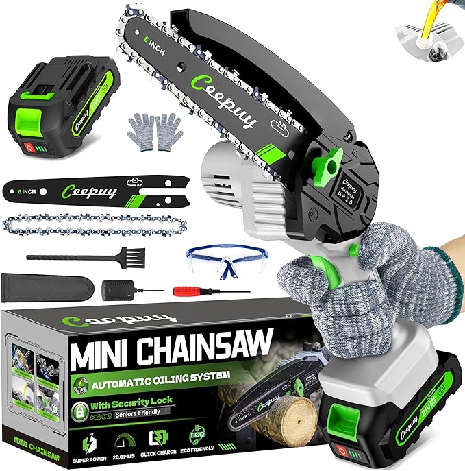 CEEPUY Mini Chainsaw Cordless, Gifts for Men Dad Father Husband Gardener, Cool Gadgets for Men, 6 Inch Portable Electric Chain Saw, Small Handheld Security Lock Trees Branches Trimming, Wood Cutting