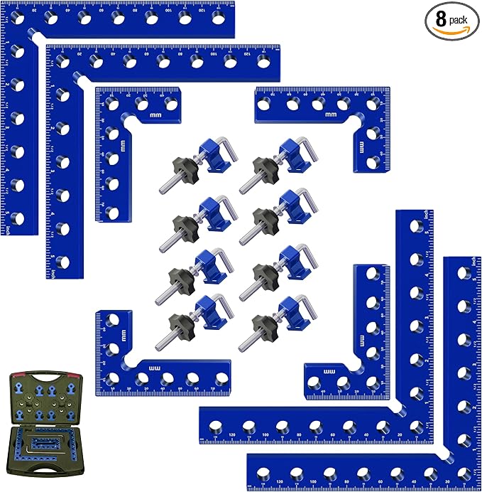 Corner Clamps for Woodworking, 8 Pcs 5.5"& 3.14" 90 Degree Aluminum Alloy Right Angle Clamp, Dual Scale Positioning Squares With Storage Box for Cabinets, Picture Frames, Drawers, For Man.(Blue).