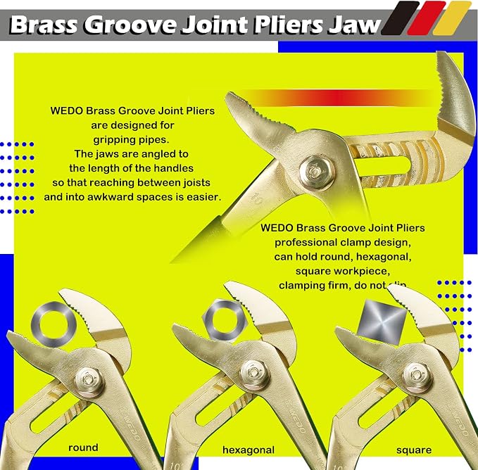 WEDO 4PCS Brass Pliers Set - 6" Slip Joint, 7" Diagonal Cutting, 8" Snipe Nose, 10" Groove Joint Pliers with Non-Slip Handle,For Gripping, Loosening Nuts and Bolts, Cutting Steel Wire,Die-Forged
