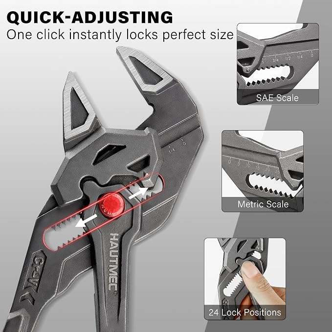 HAUTMEC Adjustable Pliers Wrench, 12-Inch Smooth Jaw Parallel Pliers, Heat-Treated CR-V Steel & Phosphated Rust-Resistant, SAE/Metric Scale, Storage Belt Pouch for Professional Plumbing & DIY
