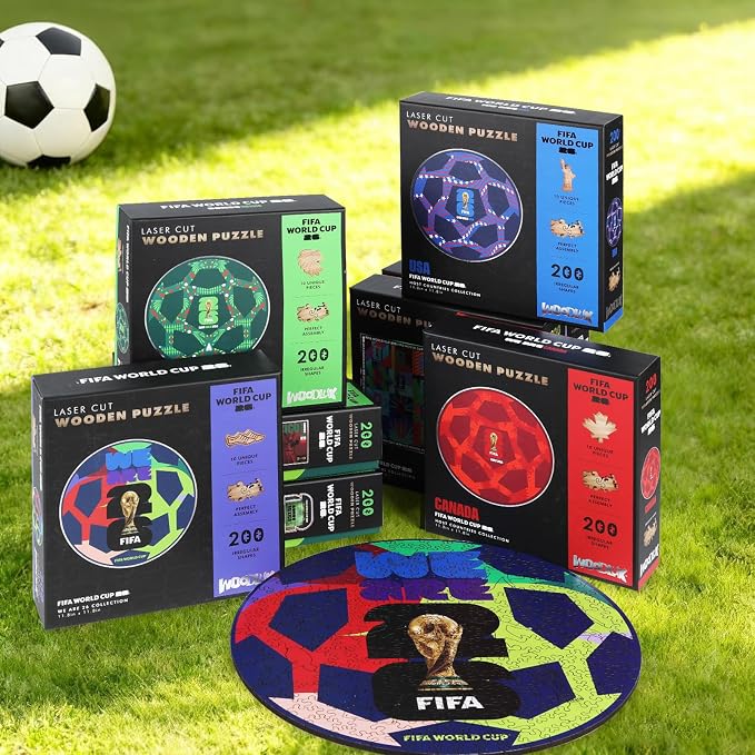 FIFA World Cup 2026 Soccer Wooden Puzzle for Adults, 5MM Thick, Canada Ball Puzzle for Soccer Fans, Officially Licensed Product, 200 Pieces Irregular Shape Jigsaw Puzzles,10 x 10