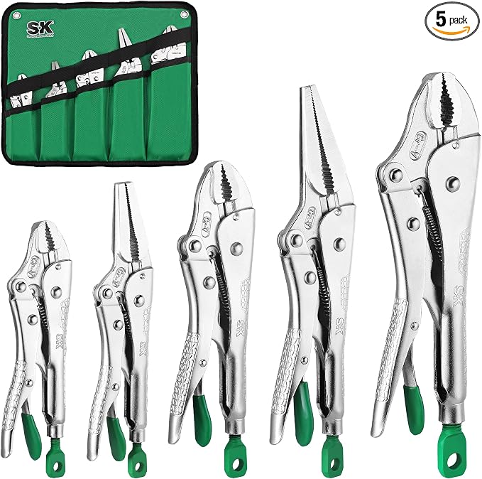 SK 5-Piece Locking Pliers Set, Long Nose & Curved Jaw Locking Pliers, Premium CR-V Construction, Ergonomic Anti-slip Handle, Ideal for Welding or Assembly, with Rolling Pouch