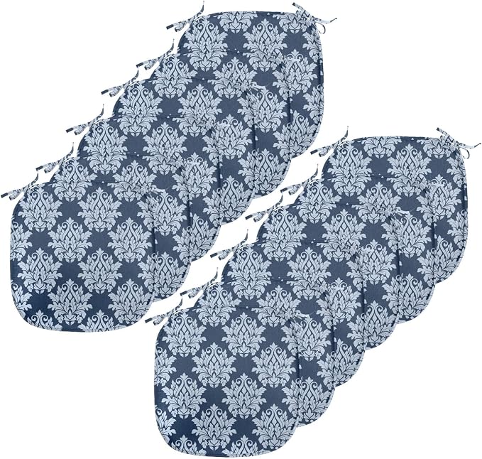 Lunarable Damask Blue Chair Seating Cushion Set of 12, Abstract Antique Royal Motif with Leaves and Swirls, Anti-Slip Seat Padding for Kitchen & Patio, 16"x16", Ceil Blue Violet Blue