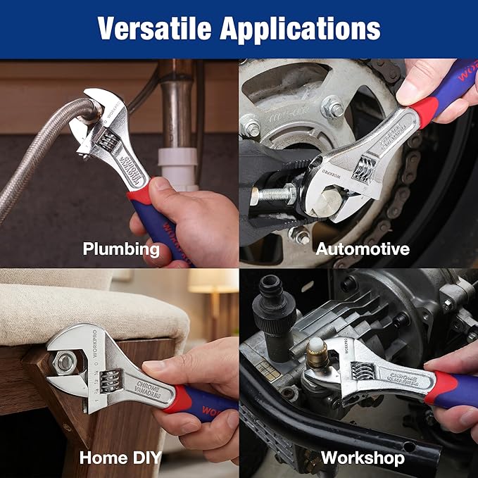 WORKPRO 3-piece Adjustable Wrench Set CR-V with Rubberized Anti-Slip Grips 10-inch, 8-inch, 6-inch