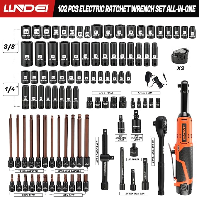 LLNDEI 3/8" Extended Reach Cordless Ratchet Set 102Pcs | 12V Long Neck Electric Ratchet Wrench, 50N.m Torque, Variable Speed, LED Light, for Auto Engine Bay & Tight Space Repair