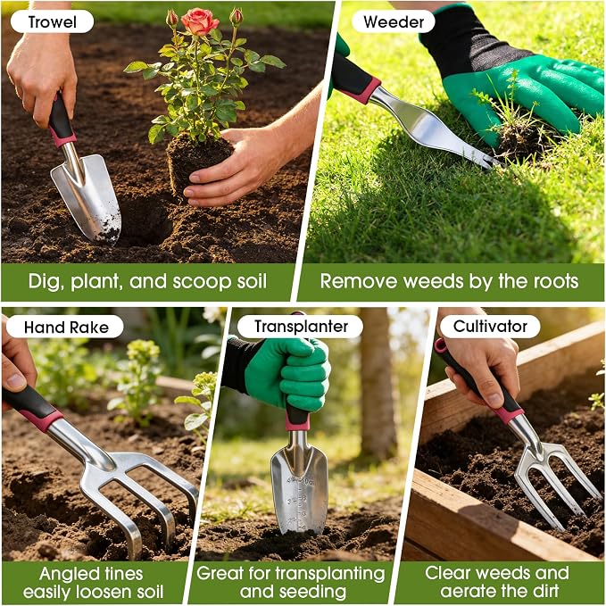 WOWBOX Garden Tools Set - 10 PCS, Heavy Duty Gardening Hand Tools Kit with Storage Tote, Rust-Resistant Gardening Supplies for Planting with Non-Slip Ergonomic Handle for Women and Men (Red)