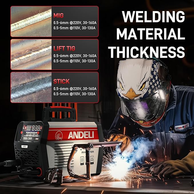 ANDELI 160A MIG Welder, GAS MIG/FLUX MIG/LIFT TIG/STICK 4-In-1 Multiprocess 110V/220V Dual Voltage Welder, LED Digital Display Synergic Control,Gas Gasless Welding Machine With welding rods
