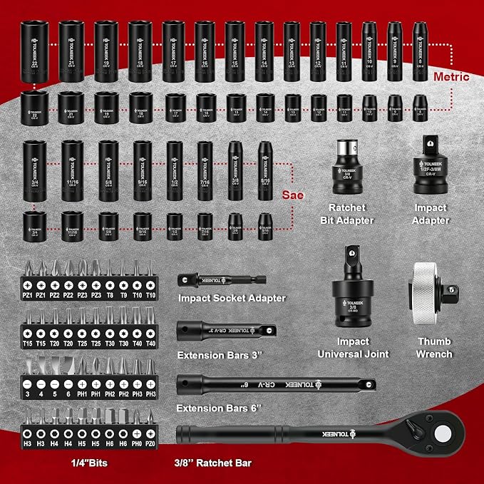 3/8 impact socket set, 92PCS 6-Point (5/16" to 3/4“,8mm to 22mm), Cr-Mo, with Adapters, Wrench, Quick Release Ratchet, Palm Ratchet Kit,Extension Bar & Storage Case