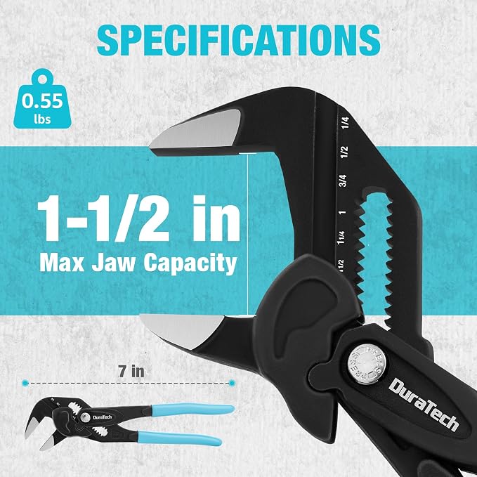 DURATECH 7-Inch Pliers Wrench, CR-V Steel Adjustable Wrench with Metric & SAE Scale, Black Finish Parallel Pliers with Storage Pouch, for Home Repair & Nut Tightening