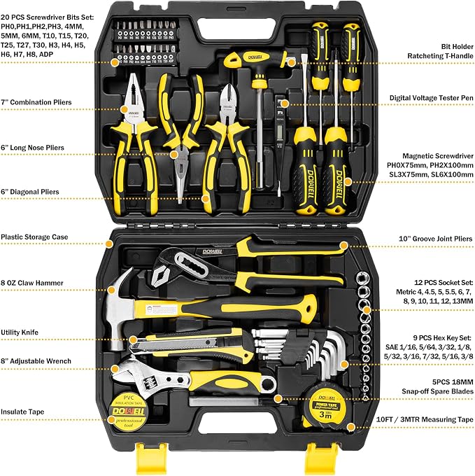 DOWELL Tool Set, 62PCS Tool Kit, Homeowner Wrench Pliers Screwdriver Set
