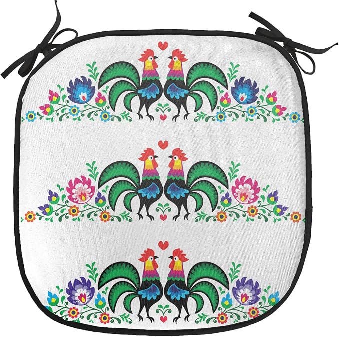 Lunarable Gallus Chair Cushion Pad, Roosters Polish Culture Slavic European Classics Art, Seat Padding for Kitchen & Patio with Anti-Slip Backing, 16"x16", Orange Green Pink