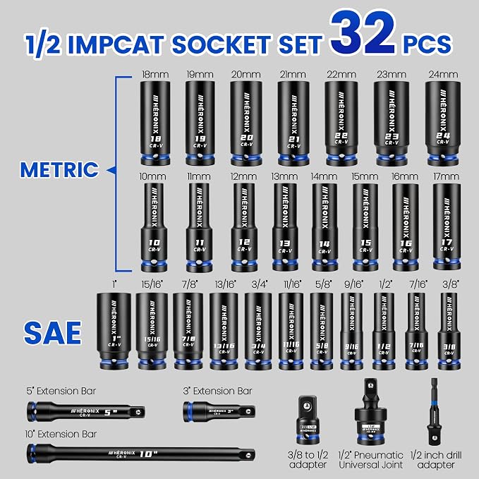 32-Piece 1/2" Drive Impact Socket Set with High-Vis Blue Rings & White Case, Deep SAE & Metric Sockets 10-24mm & 3/8"-1", Cr-V 6-Point Mechanic Tool Set with Extension Bars & Adapters