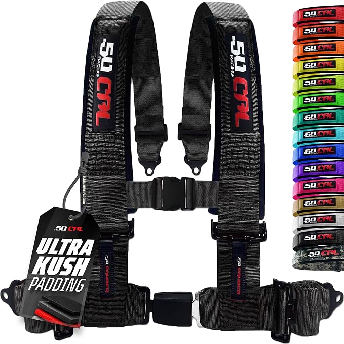 1pc 50 Cal Black 4 Point Harness 3in Straps, Racing Harness Seat Belt | Ultra Kush padding, Push Button quick release hardware. Universal Fit for UTV, RZR, race car.