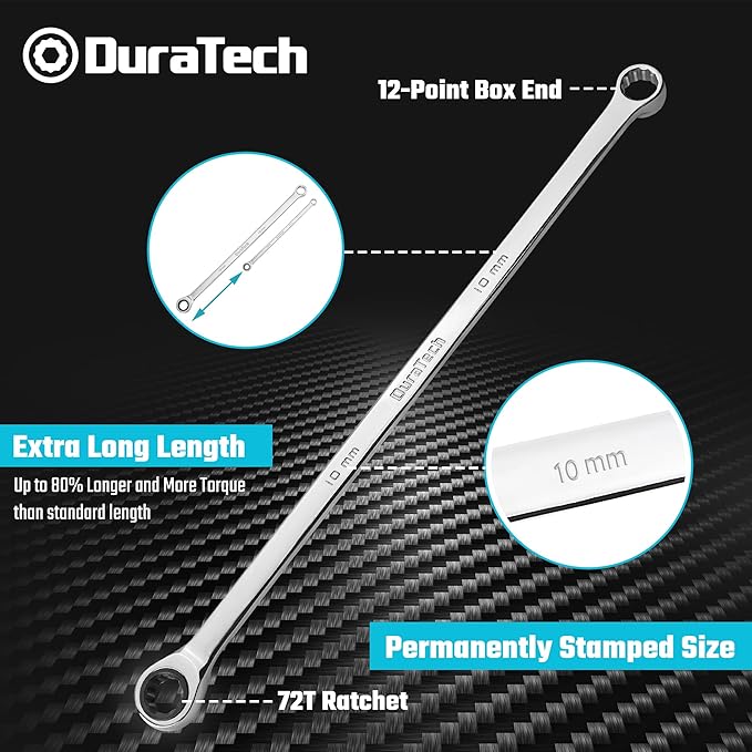 DURATECH 10mm Extra Long Ratcheting Wrench, Metric, CR-V Steel