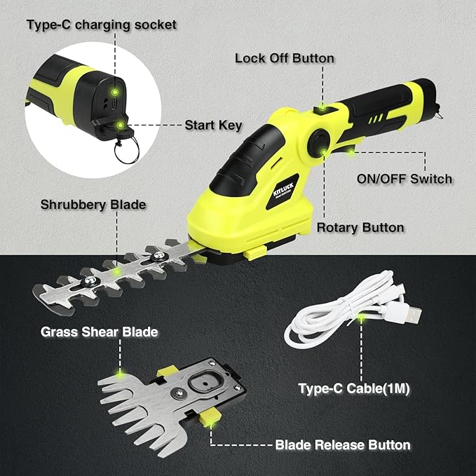 KITLUCK 8V Cordless 2-in-1 Grass Shear & Hedge Trimmer,Handheld Electric Grass Trimmer Hedge Shears/Grass Cutter with 2.0Ah Rechargeable Power and Type-C Cable for Yard, Garden, Lawn Care