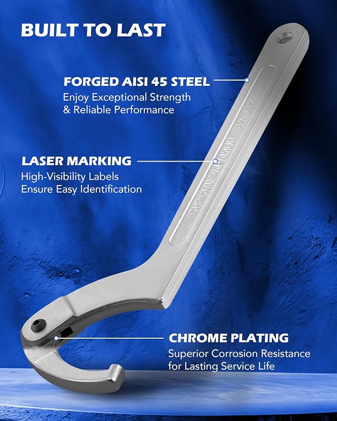 OMT 8Pc Adjustable Pin Spanner Wrench Set, 3/4-6.1in Suspension Tool | 1045 Carbon Steel Handle; Heavy-Duty Cr-V Hooks; 4 Interchangeable Adapters; Anti-Rust Chrome Finish; Custom Organizer Tray