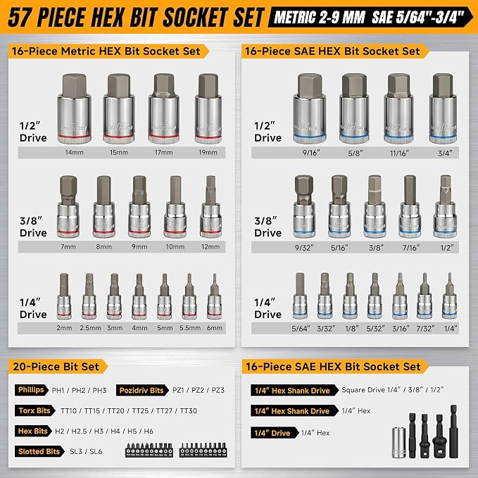 GRENPRO 57-Piece Hex Bit Socket Set SAE Metric Allen S2 1/4 3/8 1/2" | Torx, Phillips, Slotted bits, drive adapters, sturdy storage case. S2 steel bits, Cr-V sockets. Automotive mechanical work