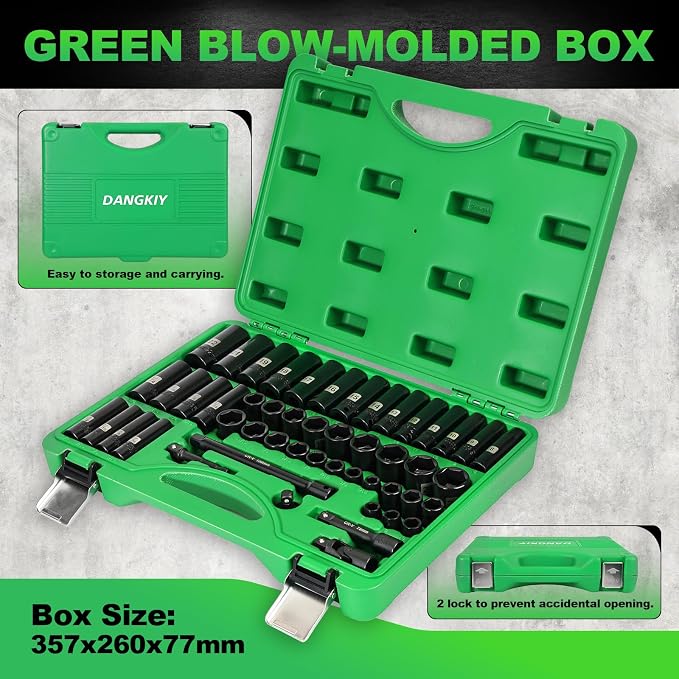 3/8" Impact Socket Set, 50PCS SAE 5/16-3/4" & Met 8-22mm | 6 Point, Extension Bars, Impact Universal Joint, Adapter, Cr-V Steel