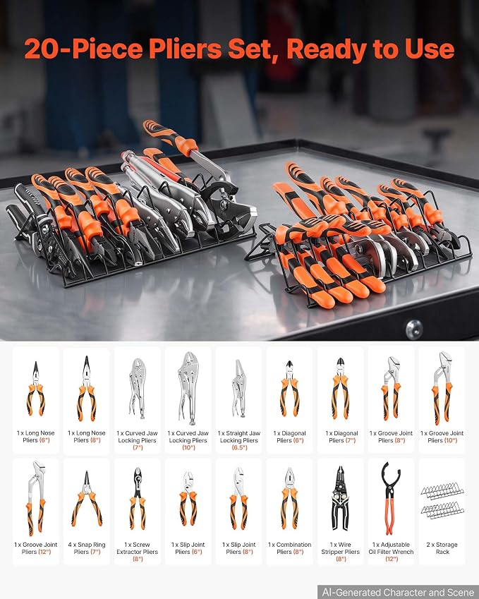 VEVOR Pliers Set 20-Piece Utility Set Polished Carbon Steel Jaw Hand Tools | For DIY & Home Use, Long Nose, Locking, Diagonal, Groove Joint, Snap Ring, Slip Joint Pliers, with 2-Pack Organizer Rack