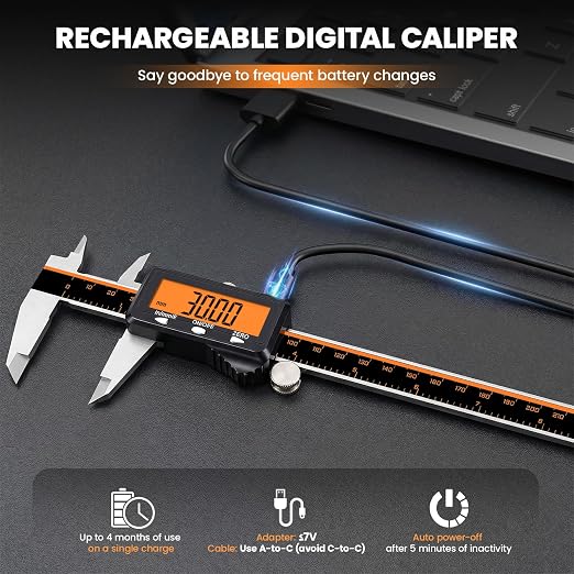 HARDELL Calipers 8", Rechargeable Digital Caliper with Large Orange Screen (Non-Backlit), Stainless Steel Auto-Off Micrometer, Inch/mm/Fraction for DIY/Household/3D Printing