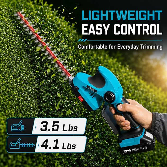 Seesii 20V Cordless 2-in-1 Hedge Trimmer: 12" Shrub Trimmer & 6" Grass Shears, Dual-Action SK5 Blades, 2 x 2.0Ah Batteries, Rotating Handle, 1/2" Cut Capacity for Small Yards, Bushes and Lawn Edges