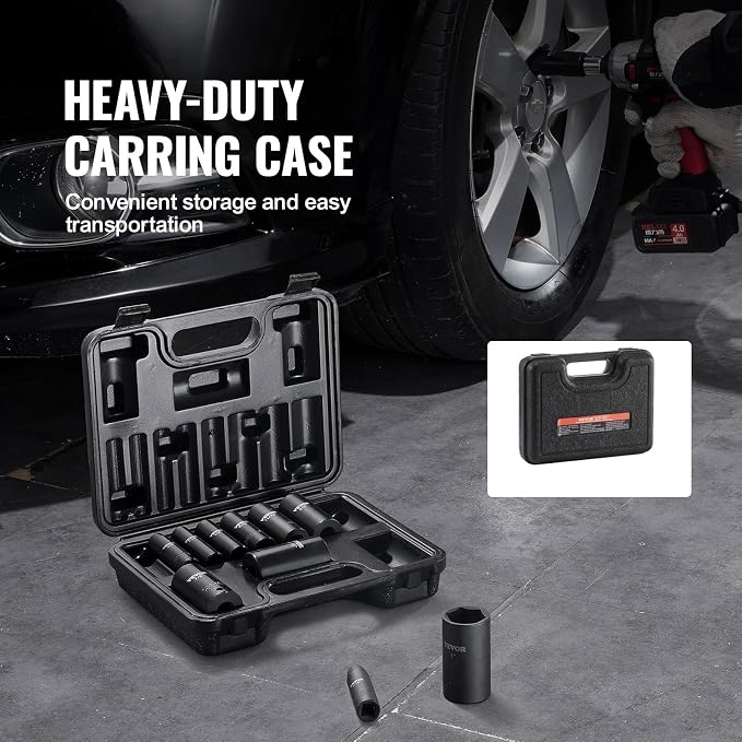 VEVOR 3/8" Drive Impact Socket Set, 11 Piece Deep Socket Set SAE 5/16"-1", 6 Point CR-V Alloy Steel for Auto Repair, Easy-to-Read Size Markings, Rugged Construction, Includes Storage Case