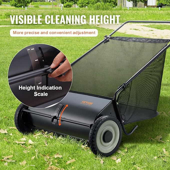 VEVOR Push Lawn Sweeper, 26 Inch Leaf & Grass Collector, Strong Rubber Wheels & Heavy Duty Thickened Steel Durable to Use with Large Capacity 7 ft³ Mesh Collection Bag, 4 Spinning Brushes
